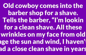 Old cowboy comes into the barber shop for a shave.